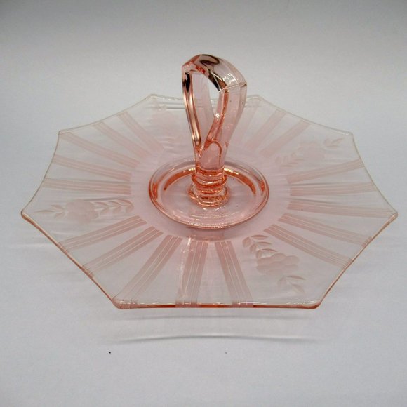 Pink Depression Glass Center Handle Octagon Tray Pastry Server Floral Etched - Picture 5 of 9
